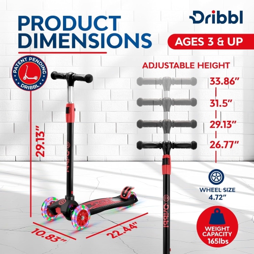Dribbl 3-Wheel Kids Scooter – Lean-to-Steer Kick Scooter with Adjustable Handlebar, Anti-Slip Deck, Supports Up to 165 lbs – For Boys & Girls Age 3+,