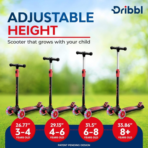 Dribbl 3-Wheel Kids Scooter – Lean-to-Steer Kick Scooter with Adjustable Handlebar, Anti-Slip Deck, Supports Up to 165 lbs – For Boys & Girls Age 3+,