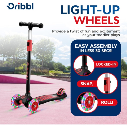 Dribbl 3-Wheel Kids Scooter – Lean-to-Steer Kick Scooter with Adjustable Handlebar, Anti-Slip Deck, Supports Up to 165 lbs – For Boys & Girls Age 3+,