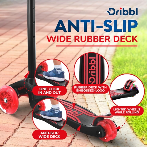 Dribbl 3-Wheel Kids Scooter – Lean-to-Steer Kick Scooter with Adjustable Handlebar, Anti-Slip Deck, Supports Up to 165 lbs – For Boys & Girls Age 3+,