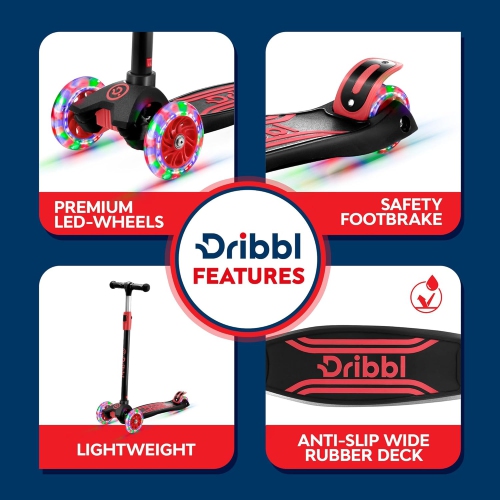Dribbl 3-Wheel Kids Scooter – Lean-to-Steer Kick Scooter with Adjustable Handlebar, Anti-Slip Deck, Supports Up to 165 lbs – For Boys & Girls Age 3+,