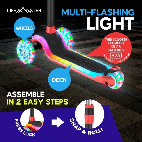 Trottinette à 3 roues pour enfants Lifemaster avec éclairage LED, guidon à 5 hauteurs réglables, plateforme antidérapante, certification de sécurité,