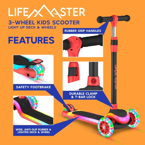 Trottinette à 3 roues pour enfants Lifemaster avec éclairage LED, guidon à 5 hauteurs réglables, plateforme antidérapante, certification de sécurité,