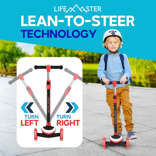 Trottinette à 3 roues pour enfants Lifemaster avec éclairage LED, guidon à 5 hauteurs réglables, plateforme antidérapante, certification de sécurité,