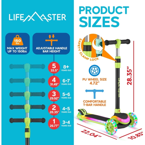 Lifemaster 3-Wheel Kids Scooter with LED Deck & Wheel Lights, 5-Height Adjustable Handlebar, Wide Anti-Slip Deck, Safety Certified, Ages 3+, 150 lbs