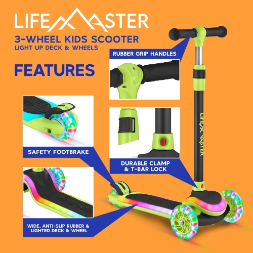 Lifemaster 3-Wheel Kids Scooter with LED Deck & Wheel Lights, 5-Height Adjustable Handlebar, Wide Anti-Slip Deck, Safety Certified, Ages 3+, 150 lbs