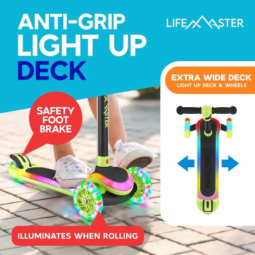 Lifemaster 3-Wheel Kids Scooter with LED Deck & Wheel Lights, 5-Height Adjustable Handlebar, Wide Anti-Slip Deck, Safety Certified, Ages 3+, 150 lbs