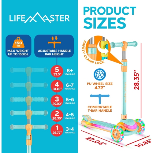 Lifemaster 3-Wheel Kids Scooter with LED Deck & Wheel Lights, 5-Height Adjustable Handlebar, Anti-Slip Deck, Safety Certified, Ages 3+, 150 lbs –