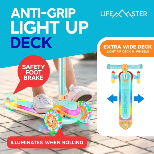 Lifemaster 3-Wheel Kids Scooter with LED Deck & Wheel Lights, 5-Height Adjustable Handlebar, Anti-Slip Deck, Safety Certified, Ages 3+, 150 lbs –