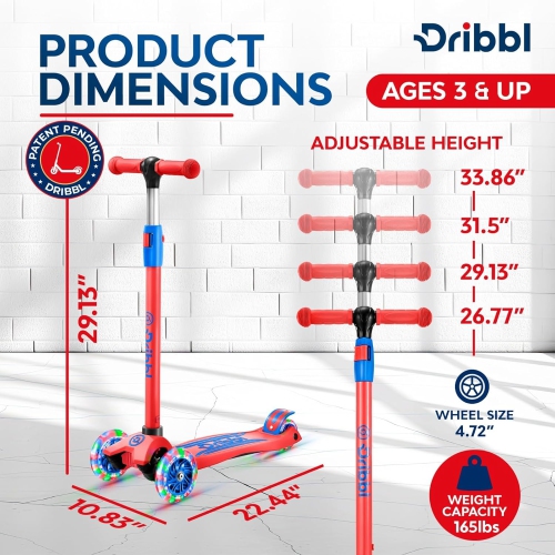 Dribbl 3-Wheel Kids Scooter – Lean-to-Steer Kick Scooter with Adjustable Handlebar, Anti-Slip Deck, Supports Up to 165 lbs – For Boys & Girls Age 3+,