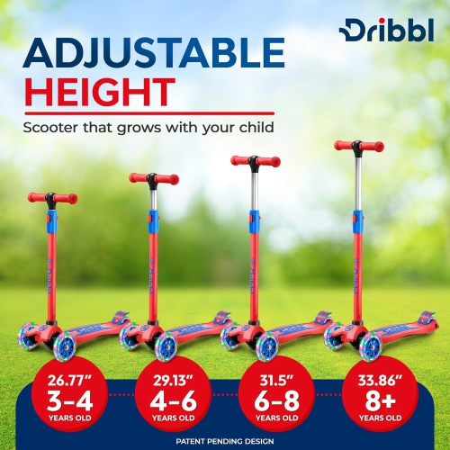 Dribbl 3-Wheel Kids Scooter – Lean-to-Steer Kick Scooter with Adjustable Handlebar, Anti-Slip Deck, Supports Up to 165 lbs – For Boys & Girls Age 3+,