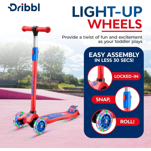 Dribbl 3-Wheel Kids Scooter – Lean-to-Steer Kick Scooter with Adjustable Handlebar, Anti-Slip Deck, Supports Up to 165 lbs – For Boys & Girls Age 3+,