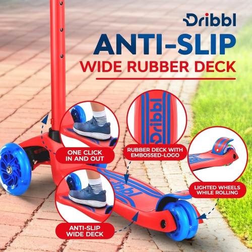 Dribbl 3-Wheel Kids Scooter – Lean-to-Steer Kick Scooter with Adjustable Handlebar, Anti-Slip Deck, Supports Up to 165 lbs – For Boys & Girls Age 3+,