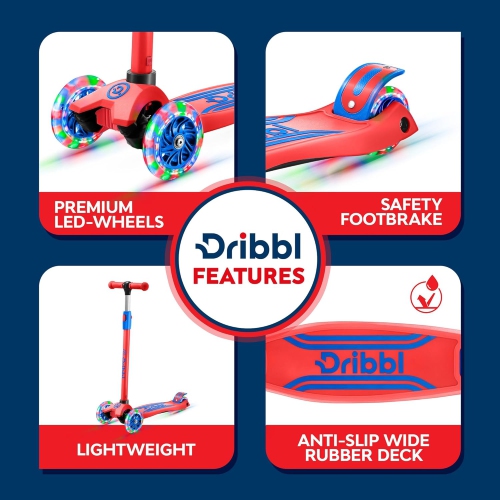 Dribbl 3-Wheel Kids Scooter – Lean-to-Steer Kick Scooter with Adjustable Handlebar, Anti-Slip Deck, Supports Up to 165 lbs – For Boys & Girls Age 3+,