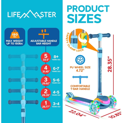 Lifemaster 3-Wheel Kids Scooter with LED Deck & Wheel Lights, 5-Height Handlebar, Wide Anti-Slip Deck, Safety Certified, Ages 3+, 150 lbs Support –