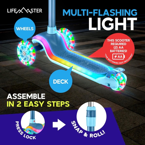 Lifemaster 3-Wheel Kids Scooter with LED Deck & Wheel Lights, 5-Height Handlebar, Wide Anti-Slip Deck, Safety Certified, Ages 3+, 150 lbs Support –