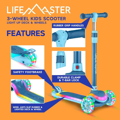 Lifemaster 3-Wheel Kids Scooter with LED Deck & Wheel Lights, 5-Height Handlebar, Wide Anti-Slip Deck, Safety Certified, Ages 3+, 150 lbs Support –