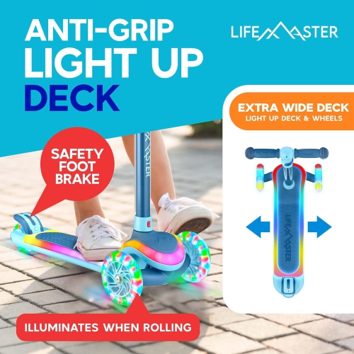 Lifemaster 3-Wheel Kids Scooter with LED Deck & Wheel Lights, 5-Height Handlebar, Wide Anti-Slip Deck, Safety Certified, Ages 3+, 150 lbs Support –