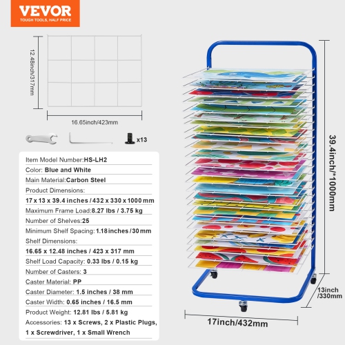 VEVOR 17 x 13 x 39.4 inch Art Drying Rack, 25 Removable Shelves Paint Drying Rack With Lockable Wheels, Carbon Steel Painting Drying Rack for Artwork