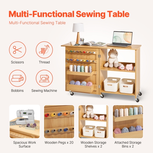 VEVOR Folding Sewing Table, Multipurpose Sewing Machine Table with Compact Design, Wheels, Shelves, Storage Trays, Wooden Pegs, and Magnetic Doors,