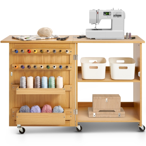 VEVOR Folding Sewing Table, Multipurpose Sewing Machine Table with Compact Design, Wheels, Shelves, Storage Trays, Wooden Pegs, and Magnetic Doors,