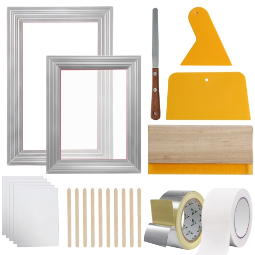 VEVOR 2 Pieces Screen Printing Kit, Aluminum Silk Screen Printing Frames 8x10/10x14in 110 Count Mesh, 2 Tapes and Screen Printing Squeegees and