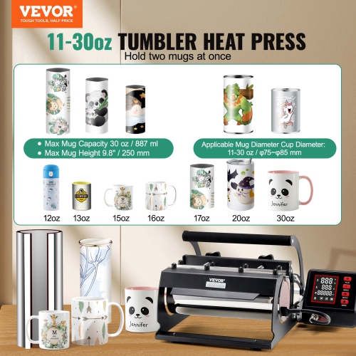 VEVOR 11-30oz Tumbler Heat Press Machine, Mug Press, Heat Up Fast and Even, Tumbler Press with Sublimation Paper, Tape and Gloves, Temp and Time