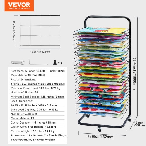 VEVOR 17 x 13 x 39.4 inch Art Drying Rack, 25 Removable Shelves Paint Drying Rack With Lockable Wheels, Carbon Steel Painting Drying Rack for Artwork