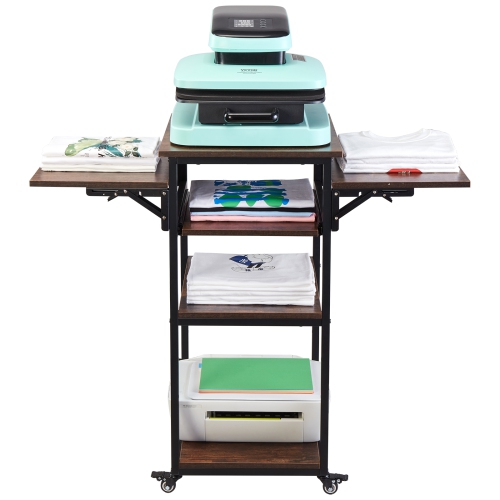 VEVOR 4 Tier Heat Press Table with Charging Station, Movable Heat Press Stand, Foldable Heat Transfer Machine Stand with Wheels, Rolling Metal