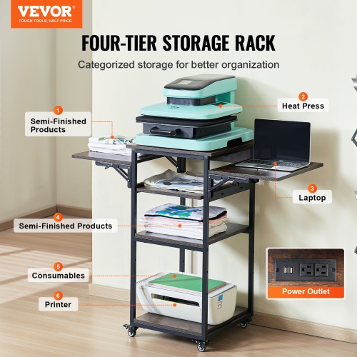 VEVOR 4 Tier Heat Press Table with Charging Station, Movable Heat Press Stand, Foldable Heat Transfer Machine Stand with Wheels, Rolling Metal