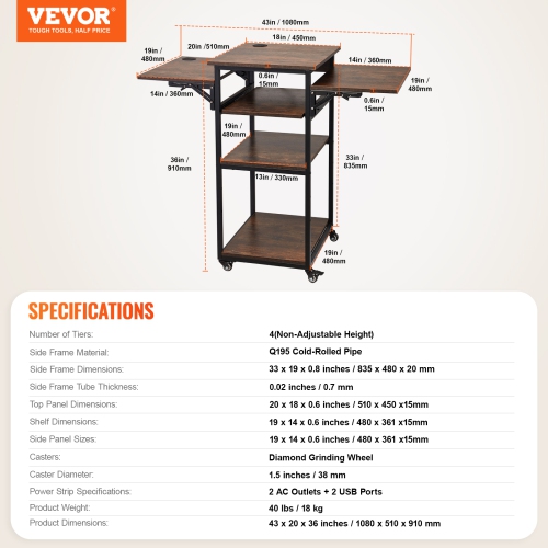 VEVOR 4 Tier Heat Press Table with Charging Station, Movable Heat Press Stand, Foldable Heat Transfer Machine Stand with Wheels, Rolling Metal