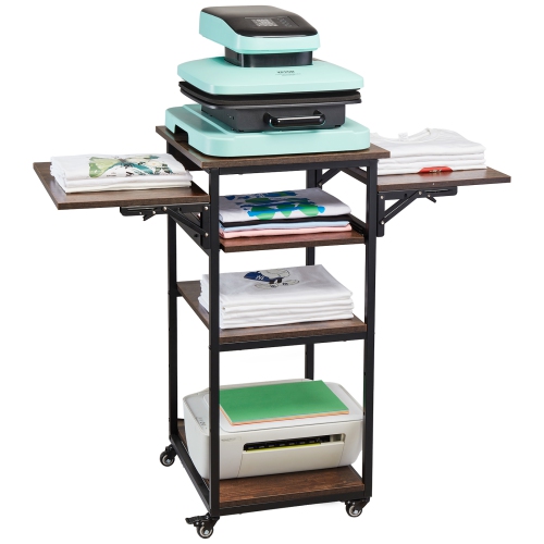 VEVOR 4 Tier Heat Press Table with Charging Station, Movable Heat Press Stand, Foldable Heat Transfer Machine Stand with Wheels, Rolling Metal