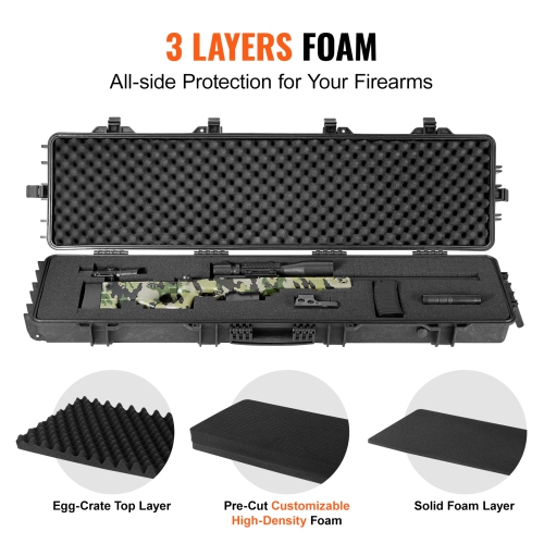 VEVOR 3 Layers Rifle Case, Rifle Hard Case with Fully-protective Foams, 50 inch lockable Hard Gun Case with Wheels, IP67 Waterproof & Crushproof, for