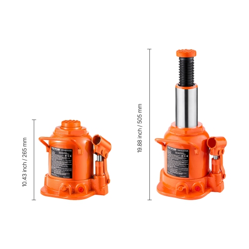 VEVOR 20 Ton/44092 lbs Hydraulic Bottle Jack, Bottle Jack with 6.69''-12.6'' Lifting Range & 3-Section Long Handle, for Car, Pickup, Truck, RV, Auto