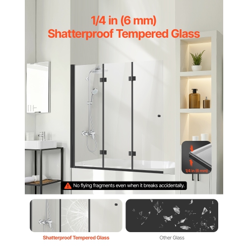 VEVOR 51 in W x 56 in H Bathtub Shower Door, Frameless Foldable Hinged Shower Door, Tri-Fold Shower Door with 1/4 in Tempered Glass Door, 180°