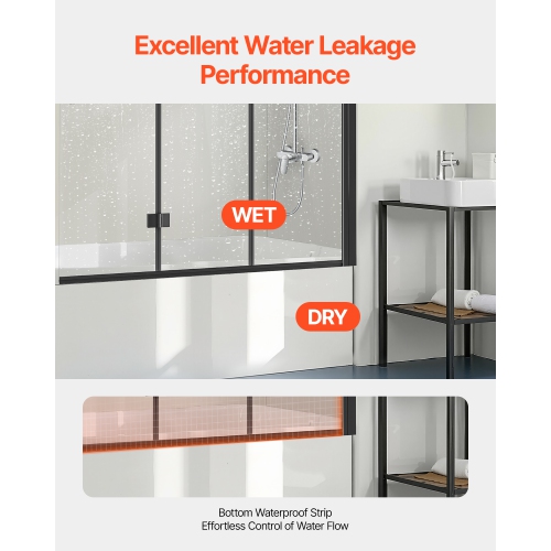 VEVOR 51 in W x 56 in H Bathtub Shower Door, Frameless Foldable Hinged Shower Door, Tri-Fold Shower Door with 1/4 in Tempered Glass Door, 180°