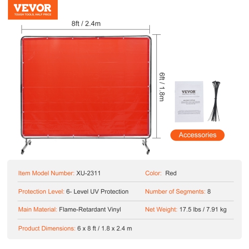 VEVOR 6' x 8' Welding Screen with Frame, Welding Curtain Screen, Flame-Resistant Vinyl Welding Protection Screen on 4 Swivel Wheels, for