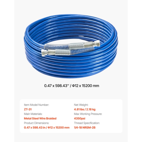 VEVOR 50ft Airless Paint Sprayer Hose, 1/4 in Universal Spray Hose, 4350 PSI High Pressure Airless Sprayer Hose, Multi-Layer Reinforced Steel Wire