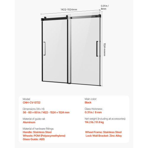 VEVOR 56-60 in W x 60 in H Frameless Sliding Bathtub Door, Shower Glass Door, Double Sliding Tub Door with 5/16 in Clear Tempered Glass and Stainless