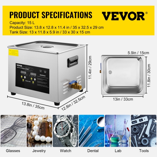VEVOR 15L Upgraded Ultrasonic Cleaner Professional Digital Lab Ultrasonic Parts Cleaner with Heater Timer for Glass Dental Instruments Cleaning