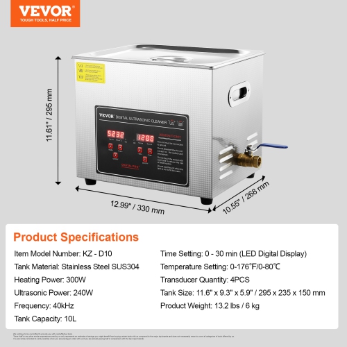 VEVOR 10L Ultrasonic Cleaner with Digital Timer & Heater, Professional Ultra Sonic Jewelry Cleaner, Stainless Steel Heated Cleaning Machine for