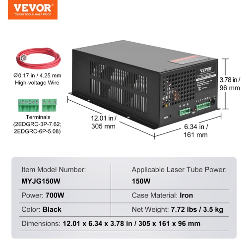 VEVOR 150W CO2 Laser Power Supply, Power Supply for 150W Laser Tube, Constant Current Protection, Open Circuit Protection, Fast Heat Dissipation,