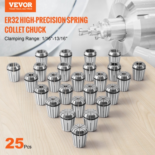 VEVOR 25 pcs ER32 Collet Set, 1/16''-13/16'',ER32 Spring Collet Chuck Set, 0.0006"/15 μm TIR Lathe Chuck Tool with 25 Labeled Storage Boxes,for CNC