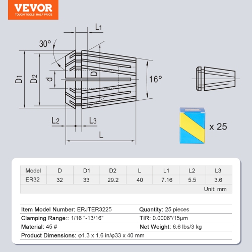 VEVOR 25 pcs ER32 Collet Set, 1/16''-13/16'',ER32 Spring Collet Chuck Set, 0.0006"/15 μm TIR Lathe Chuck Tool with 25 Labeled Storage Boxes,for CNC