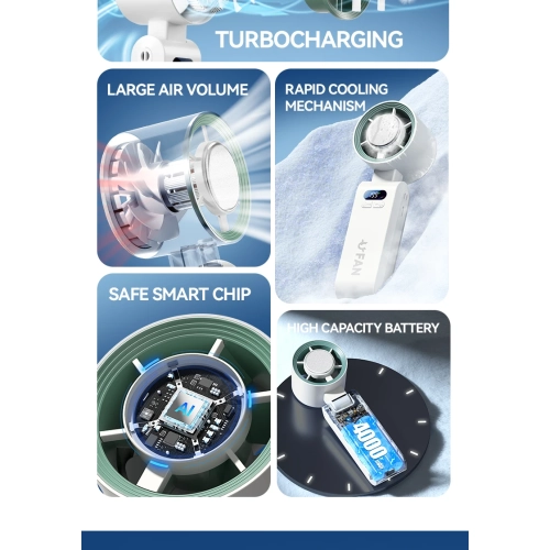 Ice high-speed handheld small fan, violent turbo fan portable rechargeable folding digital display fan 4000 mAh - ice + folding neck + 199 gear