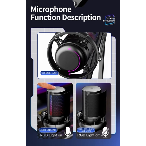 Microphone de jeu, microphone USB, microphone RGB à condensateur de diffusion en direct, enregistrement de chant, USB coloré, téléphone portable