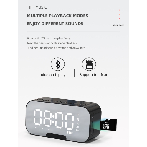 Smart Bluetooth Speaker, Mirror Clock Alarm Mini Card Radio Audio, FM Radio Digital Table Clock, LED-Q6 Black