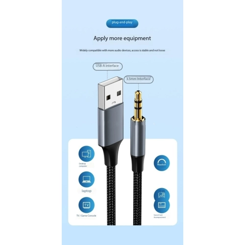 USB to 3.5mm audio cable, computer to headphone speaker connection cable sound card accompaniment AUX adapter, [USB male to 3.5 male audio cable] 2m