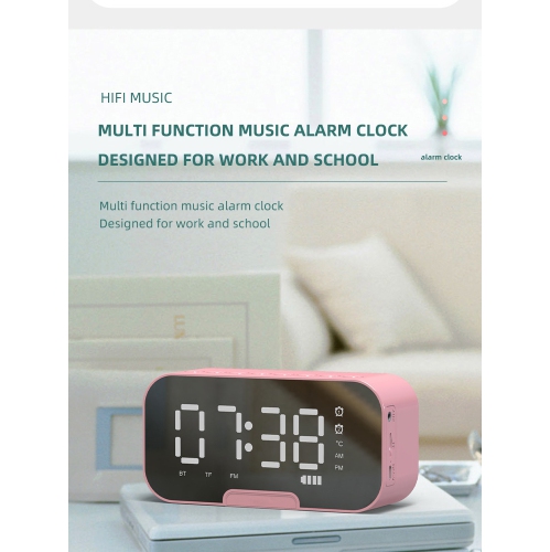Smart Bluetooth Speaker, Mirror Clock Alarm Mini Card Radio Audio, FM Radio Digital Table Clock, LED-Q6 White
