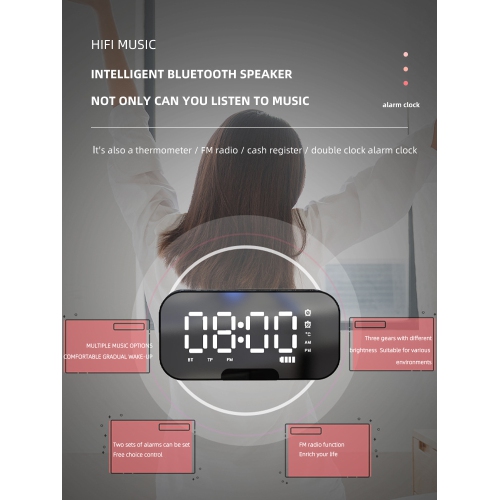 Smart Bluetooth Speaker, Mirror Clock Alarm Mini Card Radio Audio, FM Radio Digital Table Clock, LED-Q6 White